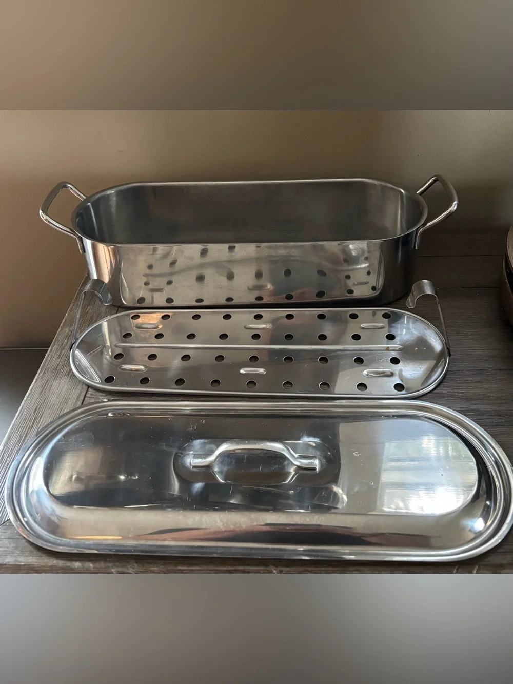 Inox 16 by6” Stainless Steel Fish Poacher Steamer Roast Bake Pan 3pcs Italy 18C